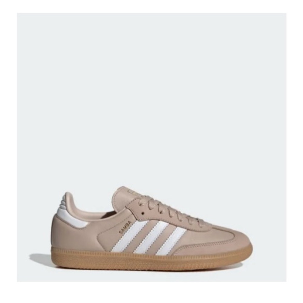 Adidas Samba OG shoe sneaker, Wonder Taupe/Cloud White/Gold Metallic, size 5.5